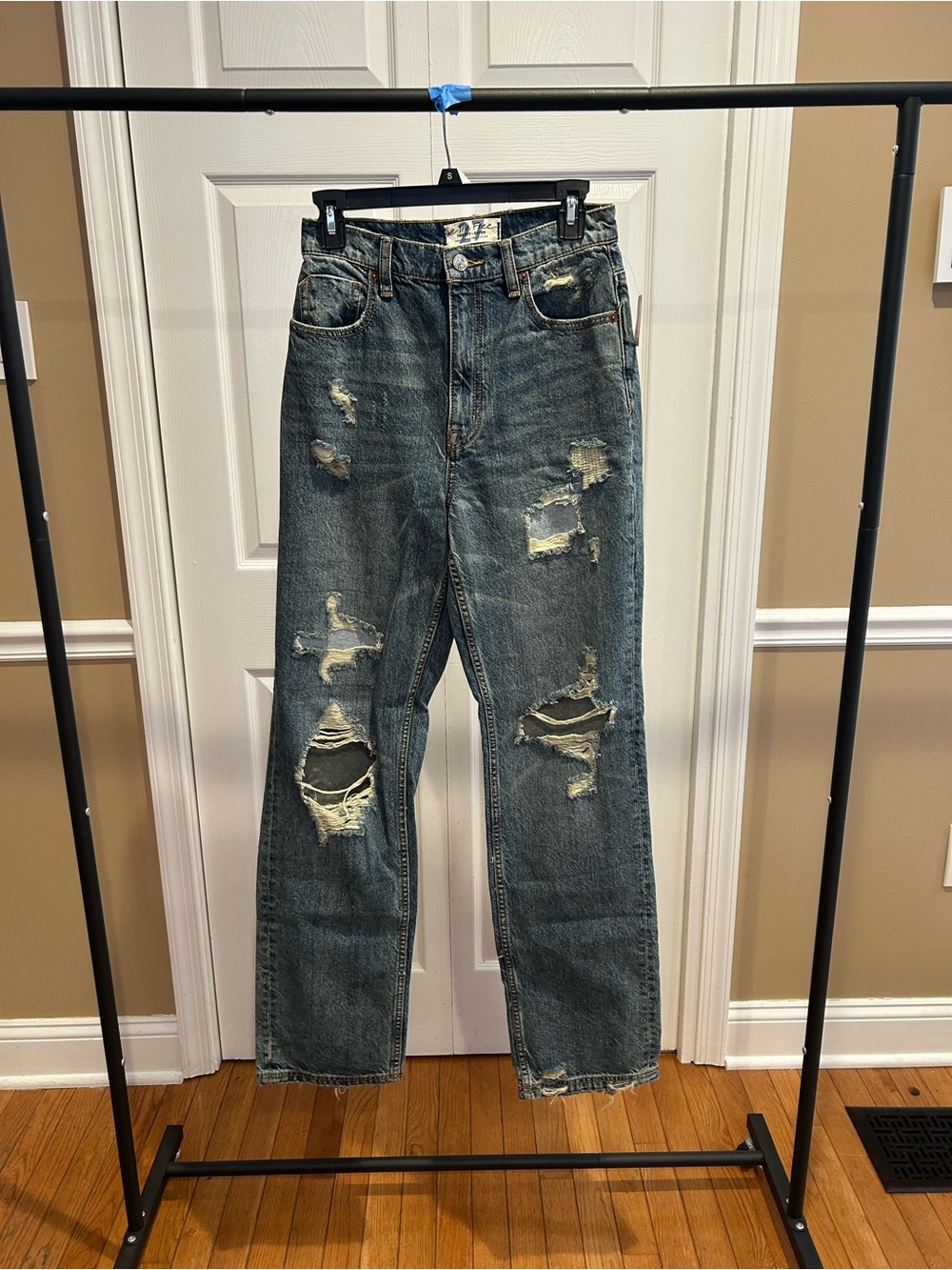 Free People Distressed High-Waist Ripped Blue Jeans